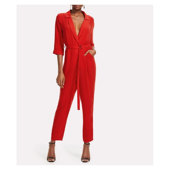 MBM Unlimited Pants - Bright Red V Neck Belted Jumpsuit